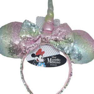 Disney Minnie Sequin Ear Unicorn Headband with Bow, Pastel - NEW
